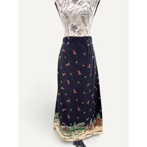 Equestrian VTG Sun River 100% Cotton Skirt Black Fox Hunt Maxi XL Novelty Print